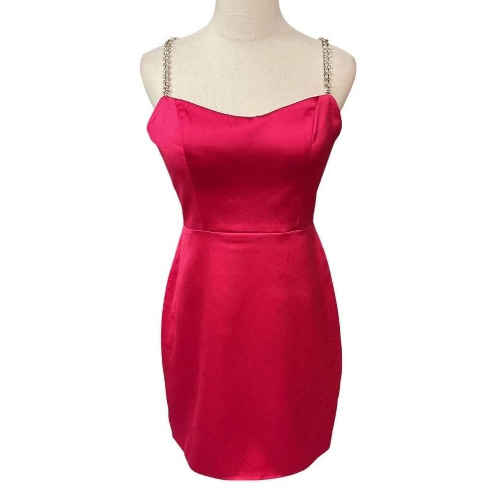 Ieena‎ For Mac Duggal Rhinestone Strap Satin Lined Back Slit Mini Dress Sz 8 NWT